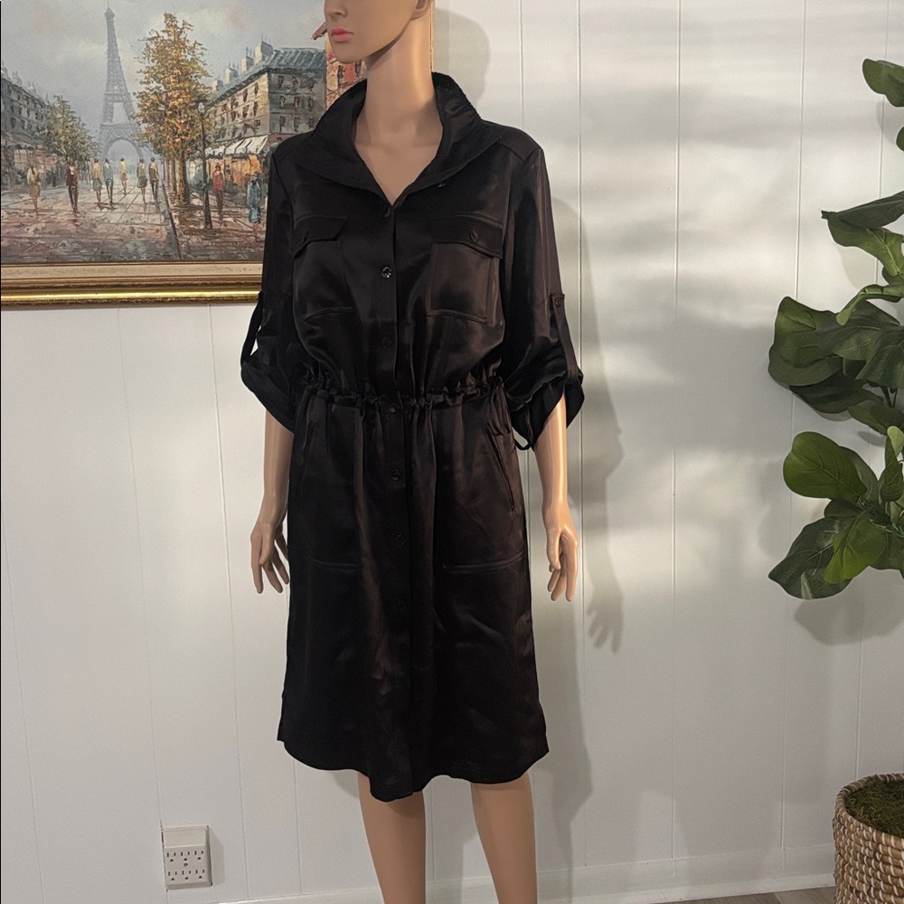 St. John Black Satin‎ Button Down 3/4 sleeves Midi Dress Size 10 - Picture 6 of 16